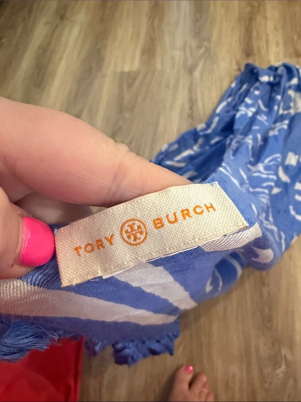 Tory Burch Blue and Cream Patterned Tassel Scarf